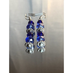 Deep Blue Acrylic Beaded Dangle Earrings w/ Silver 10mm Fish‎ Hooks with Coil